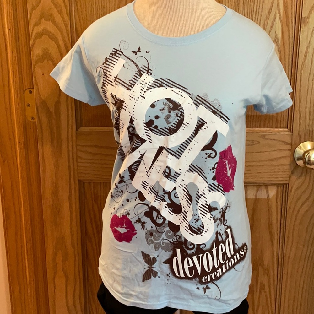 Gildan SoftStyle light blue t-shirt with “Hot Mess devoted creations” lettering